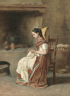 A girl sewing in the kitchen by Theodore Valerio - Auction record, sale price, and art valuation. Compare with similar artists and explore comparable artworks.