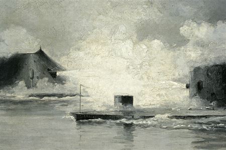 The battle of Hampton Roads between the U.S.S. Monitor and C.S.S. Virginia