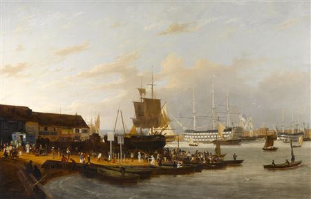 Portsmouth Harbor from the beach at Gosport, with the Port Admiral's flagship, the H.M.S. Queen Charlotte, and barges (?) at the dock.