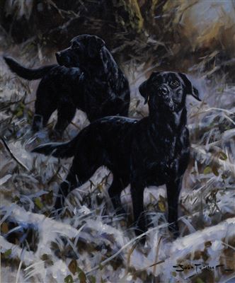 Black Labradors in the snow by John Trickett - Auction record, sale price, and art valuation. Compare with similar artists and explore comparable artworks.