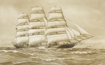 A collection of five (5) clipper ship portraits including: Cutty Sark, Thermopylae, Ariel, Flying Cloud, and Taeping