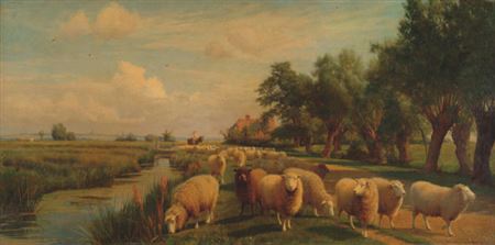 'Marshlands, Kent - Drover with sheep along a river'