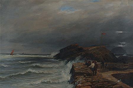 'Figures on a harbour jetty looking out to a stormy sea'