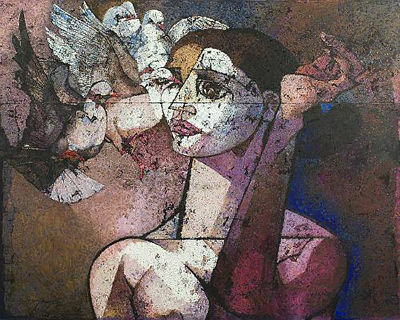 Woman with flock of pigeons