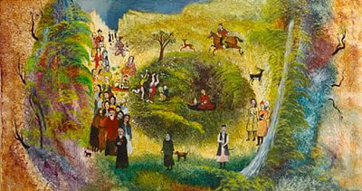 A crowd approaching a hermit