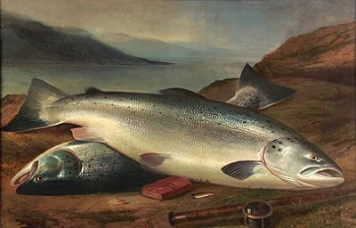 A brace of salmon on the banks of Loch Tay by Henry Leonidas Rolfe - Auction record, sale price, and art valuation. Compare with similar artists and explore comparable artworks.