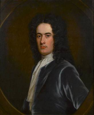 Portrait of David Scott of Scotstarvit , M.P., bust length, in a blue velvet coat and white jabot, in a painted oval