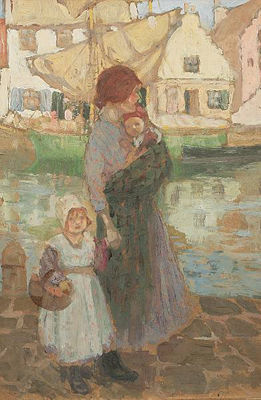 Mother and children by a Fife harbour, probably Pittenweem