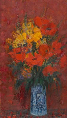 "Flowers in a blue jug"