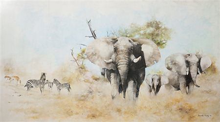 Bull, cow and calf elephant with plains zebra and female impala