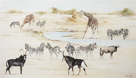 Reticulated giraffes, plains zebra, wildebeest and sable antelope at the watering hole