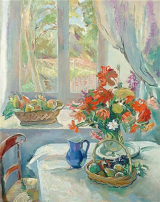 Still life with flowers and fruit on a table