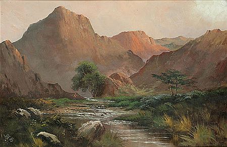 A figure fishing in a highland landscape; and Highland cattle in a landscape