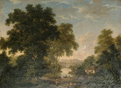 Along a wooded river, a figure before a cottage in the foreground