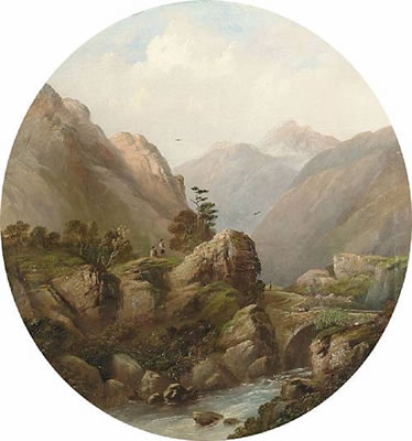 Figures in highland dress, standing above a river