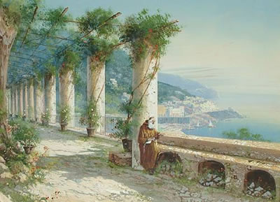 A Monk under a loggia, a fishing village beyond; and A Mother and child on a cliff top path (pair)