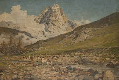Cattle watering in an Alpine valley