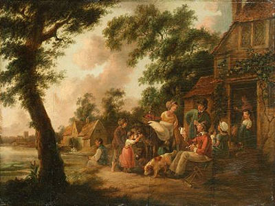 Travellers and country folk outside an inn with a watermill beyond