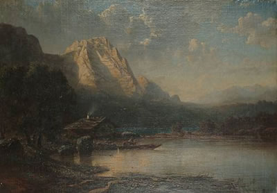 Figures on a lake in an Alpine landscape