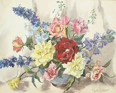 Vase of roses and delphiniums by Phyllis I Hibbert - Auction record, sale price, and art valuation. Compare with similar artists and explore comparable artworks.
