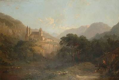 An abbey set above a lake, with a drover in the foreground
