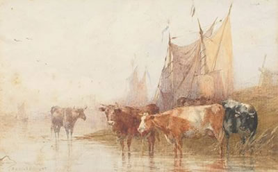 Sheep in a winter landscape; Cattle watering (2) by Thomas Francis Wainewright - Auction record, sale price, and art valuation. Compare with similar artists and explore comparable artworks.