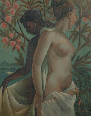 Two semi-draped female figures, tropical plants and landscape beyond by Cecil French Salkeld - Auction record, sale price, and art valuation. Compare with similar artists and explore comparable artworks.