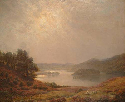 An extensive view over a valley, with figures in a rowing boat on a lake