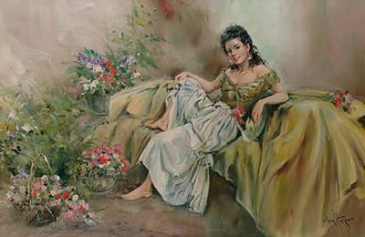 Seated lady with baskets of flowers