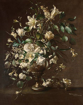 Still life of mixed white flowers in a pewter vase by Terence Loudon - Auction record, sale price, and art valuation. Compare with similar artists and explore comparable artworks.