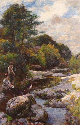 Boys fishing a stream by Joshua Anderson Hague - Auction record, sale price, and art valuation. Compare with similar artists and explore comparable artworks.