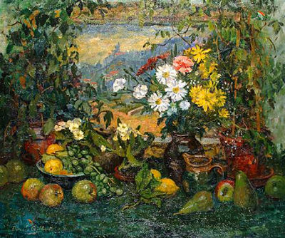 Still life with flowers with view through the window