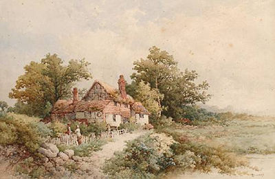 Figures by a cottage on a summer's day