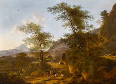 A wooded Italianate landscape with a traveller and mule on a track