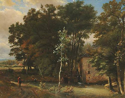 Figures by a watermill