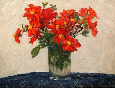 Crimson dahlias on a blue ground by Marjorie Mostyn - Auction record, sale price, and art valuation. Compare with similar artists and explore comparable artworks.