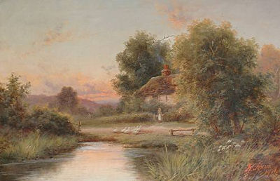 Outside the Cottage Door with Geese; Driving the Sheep (Pair)