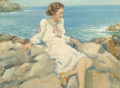Woman in a white Dress Seated on the Rocks