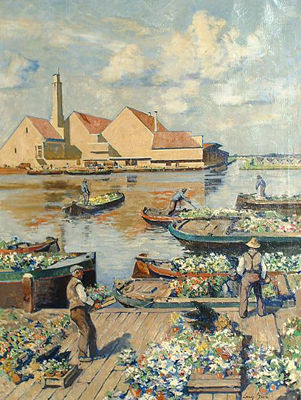Flower Sellers by the River by Louis Bron - Auction record, sale price, and art valuation. Compare with similar artists and explore comparable artworks.