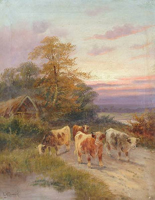 Cattle watering ; Cattle at sunset (a pair)