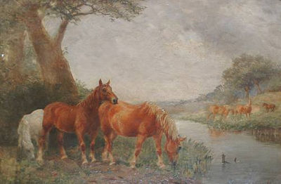 Horses by a stream by George Thomas Rope - Auction record, sale price, and art valuation. Compare with similar artists and explore comparable artworks.