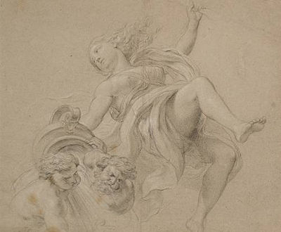 An angel in flight with two attendants (recto);