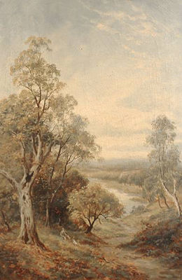 Figure resting in a woodland; Swans on a river