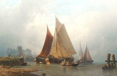 Vessels in an estuary at low tide by Hermann Mevius - Auction record, sale price, and art valuation. Compare with similar artists and explore comparable artworks.