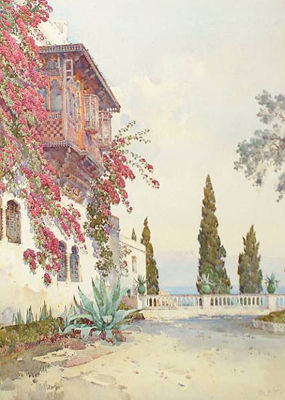 A Mediterranean courtyard with the sea beyond