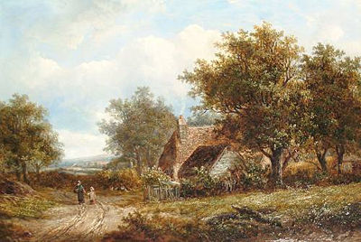 Mother and child on a lane before a cottage