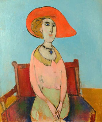 Seated woman in a red hat