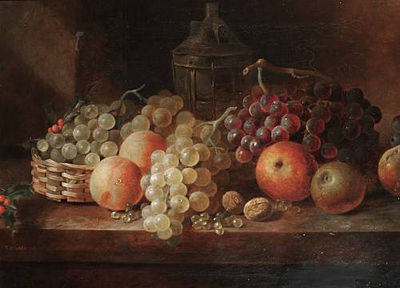 Still life of grapes and other fruit on a shelf
