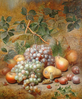 Still life of grapes, pears, apples, plums and raspberries on a mossy bank