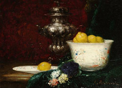 Still life with lemons and a silver vase